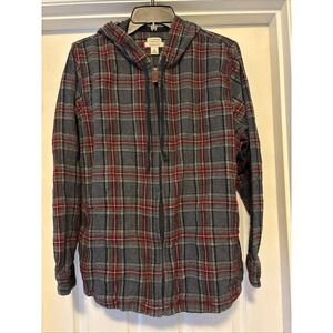 LL Bean Hooded Flannel Shacket Jacket XL Full Zip Scotch Plaid Pockets Relaxed